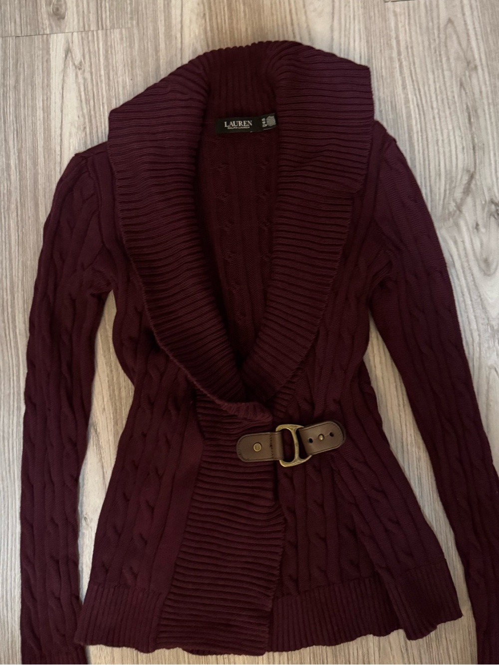 Lauren Ralph Lauren Cable-Knit Belted Shawl Collar Cardigan in Burgundy